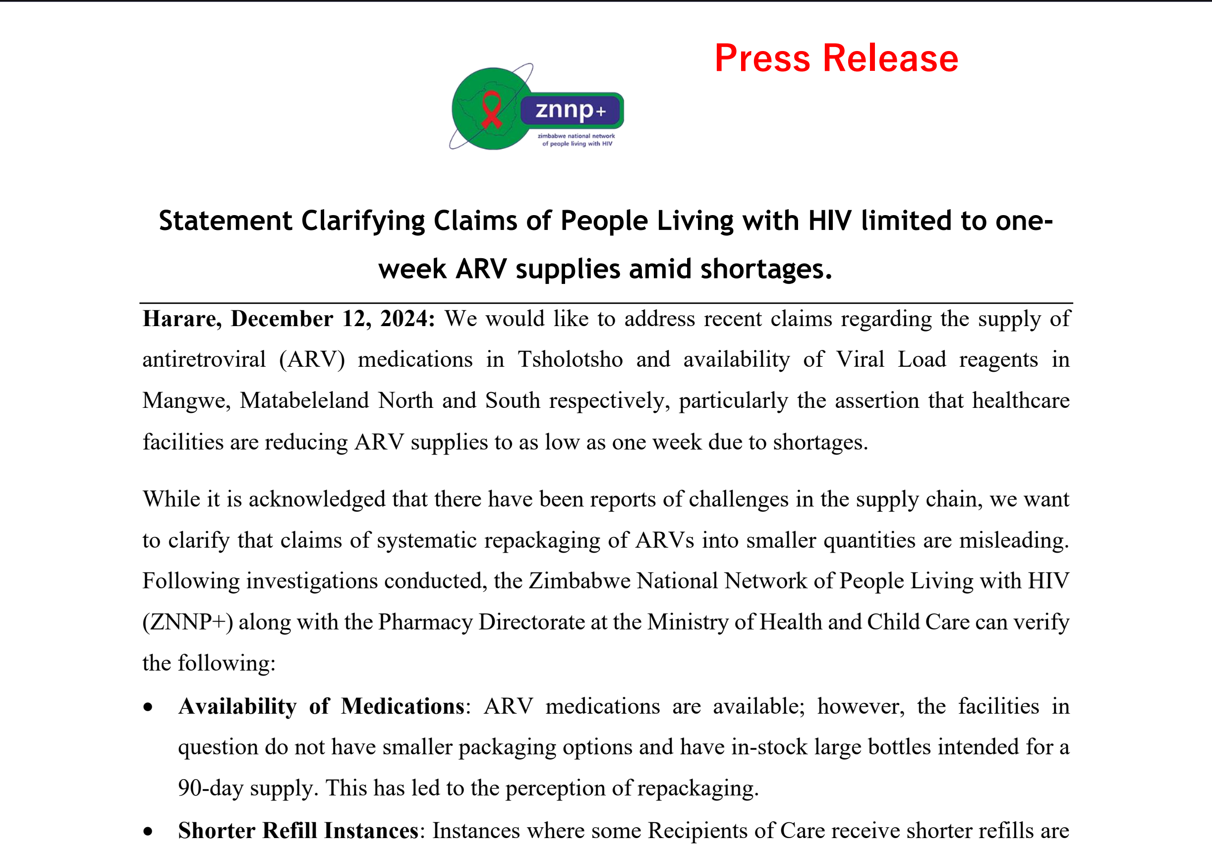 Statement Clarifying Claims of People Living with HIV limited to one- week ARV supplies amid shortages.